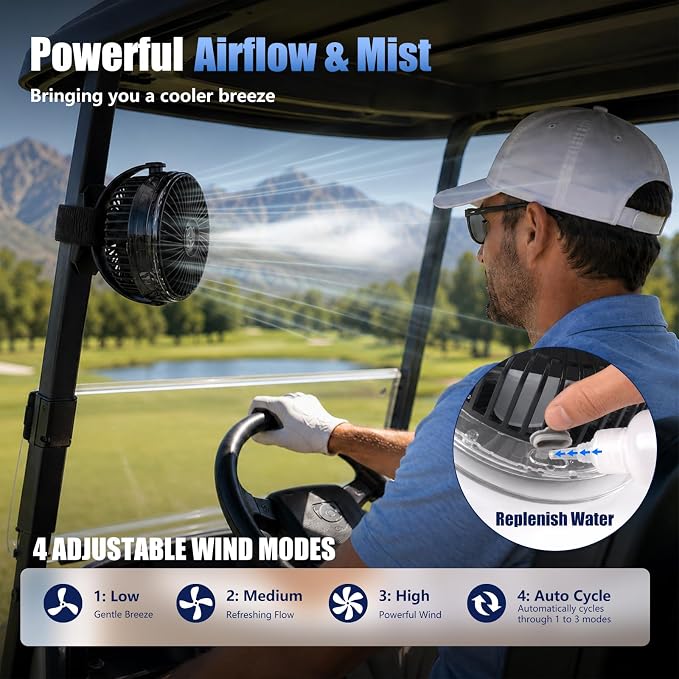 Magnetic Cruise Ship Approved Fan, 12000mAh Battery Golf Cart Fan with Power Bank Function, Cold Mist Spray, LED Lights, Timer, Travel Fan for Golf Cart, Camping, Cruise Must Haves Essentials 2026