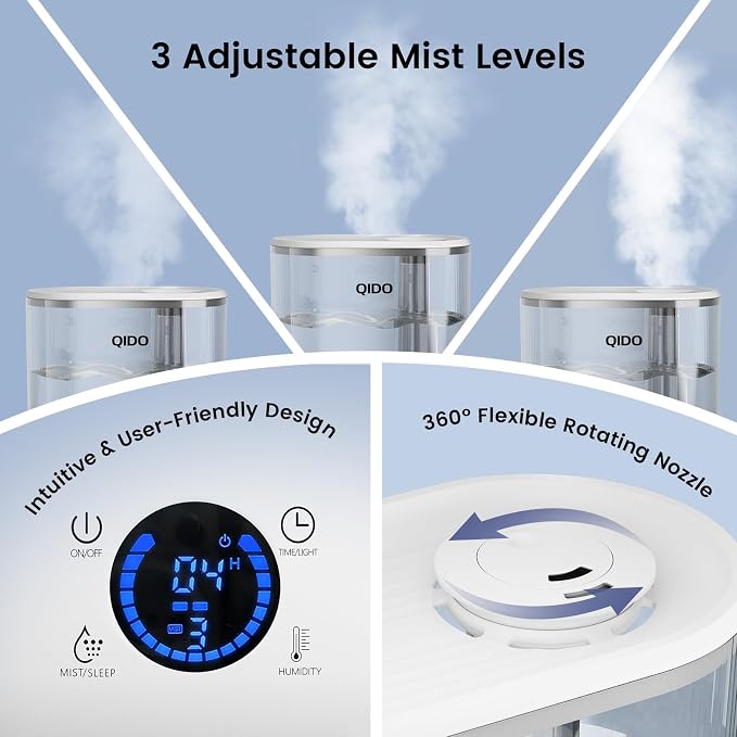 QIDO Top Fill Humidifiers for Bedroom, 5 L Cool Mist 36H Super Long Time, Quiet 28dB Essential Oil Diffuser for Baby & Plants, 3 adjustable Mist with Touch/APP/7-color Nightlight, White