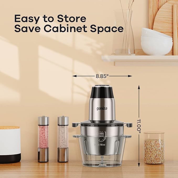 GANIZA Food Processors, Electric Food Chopper with Meat Grinder & Vegetable Chopper - 2 Bowls (8 Cup+8 Cup) with Powerful 450W Copper Motor - Includes 2 Sets of Bi-Level Blades (Silver)