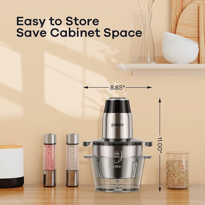 GANIZA Food Processors, Electric Food Chopper with Meat Grinder & Vegetable Chopper - 2 Bowls (8 Cup+8 Cup) with Powerful 450W Copper Motor - Includes 2 Sets of Bi-Level Blades