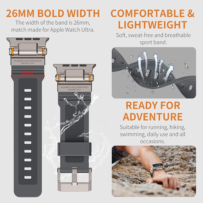 FOAMUNOC Rugged Band Compatible with Apple Watch Ultra 3/2/1 Band 49mm/46mm/45mm/44mm/42mm, Metal Connector with Strap for iWatch Ultra Series 11/10/9/8/7/6/SE3/SE2/SE/5/4/3/2/1, Gray/Titanium