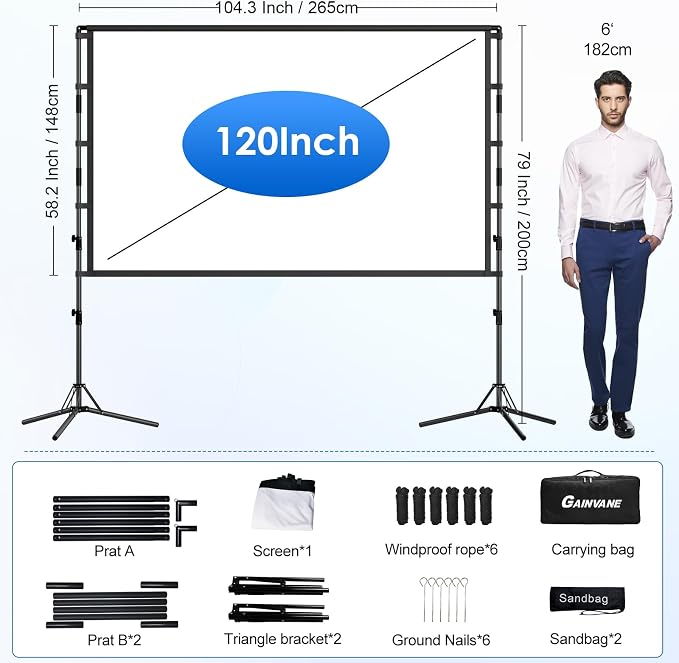Projector Screen and Stand,GAINVANE 120 inch Portable Projector Screen Indoor Outdoor Projection Screen 16:9 4K HD Wrinkle-Free Light-Weight Movie Screen with Carry Bag for Backyard Movie Night