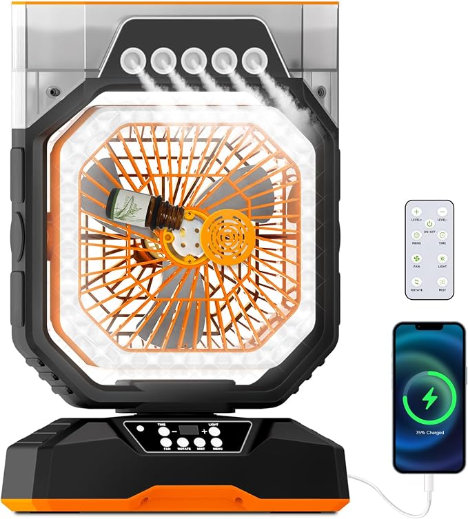Weljoy Desk Fan 5 Sprayers Rechargeable Misting Fan - 5 Speed Portable Cooling Fan 560ml Water Tank Aromatherapy Diffuser Timer 27000mAh Battery (Black & Orange)