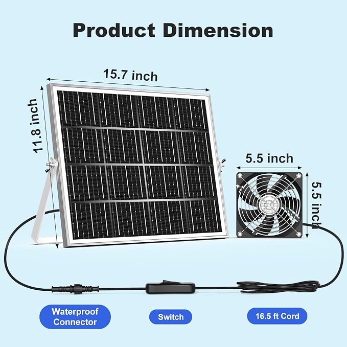 5.5" Solar Chicken Coop Fan 3 Kit, 30W Solar Powered Greenhouse Fan, Solar Exhaust & Intake Fans Outdoor Waterproof, for Outside Shed Doghouse Ventilation Air Circulation Cooling, No Battery