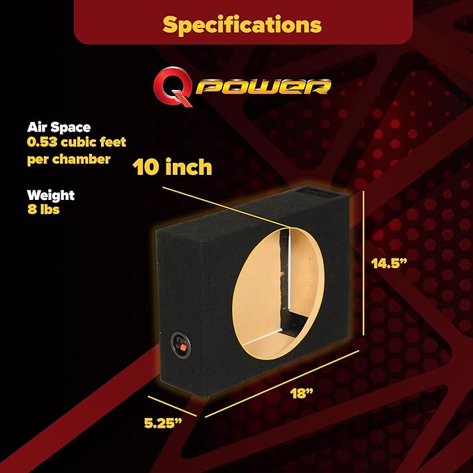 QPower Single 10-Inch Vented Subwoofer Box, Features 0.53 Cubic Feet of Airspace, Solid 5/8-Inch MDF Construction