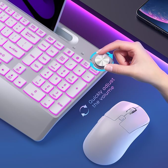 GAMCATZ Wireless Keyboard and Mouse Backlits - Full-Sized Ergonomic Lighted Keyboard with Wrist Rest, Phone Holder,2.4GHz Rechargeable Silent Keyboard Mouse Combo for Computer, Laptop, PC, Mac -White