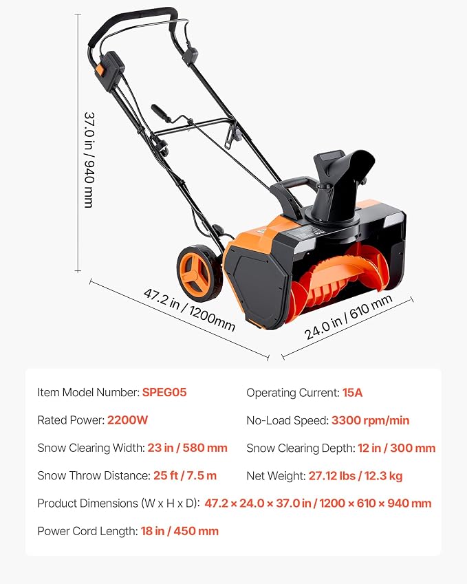 VEVOR Corded Electric Snow Blower, 23-inch 15A Snow Thrower with Dual LED Headlights & 180° Rotating Chute, 25FT Throwing Distance, 12" Depth Clearing, Walk-Behind Snowblower for Driveway Sidewalk