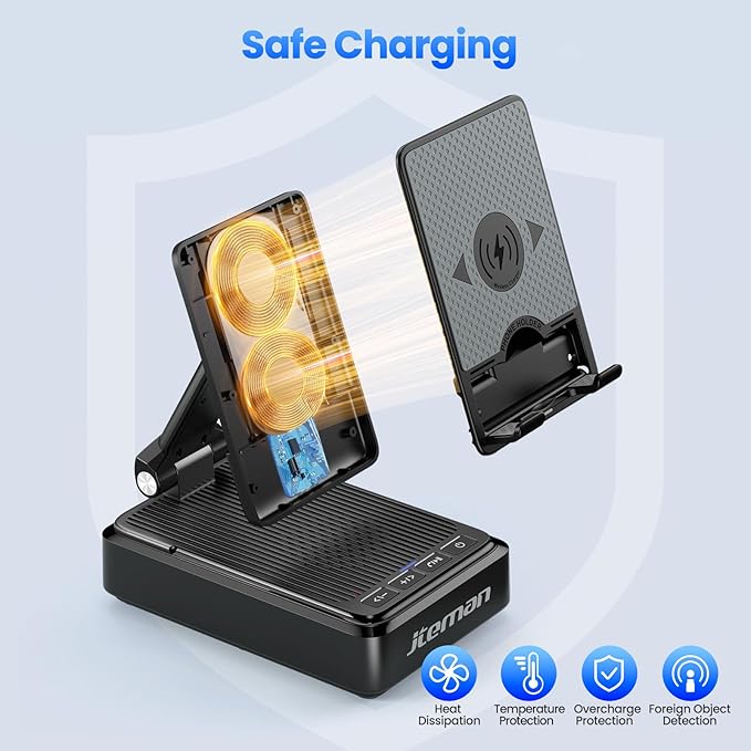 Jteman Cell Phone Stand with Bluetooth Speaker and Wireless Charger, Desktop Charging Station Stand Speaker for iPhone, Christmas Birthday Gift for Men Women (Black)