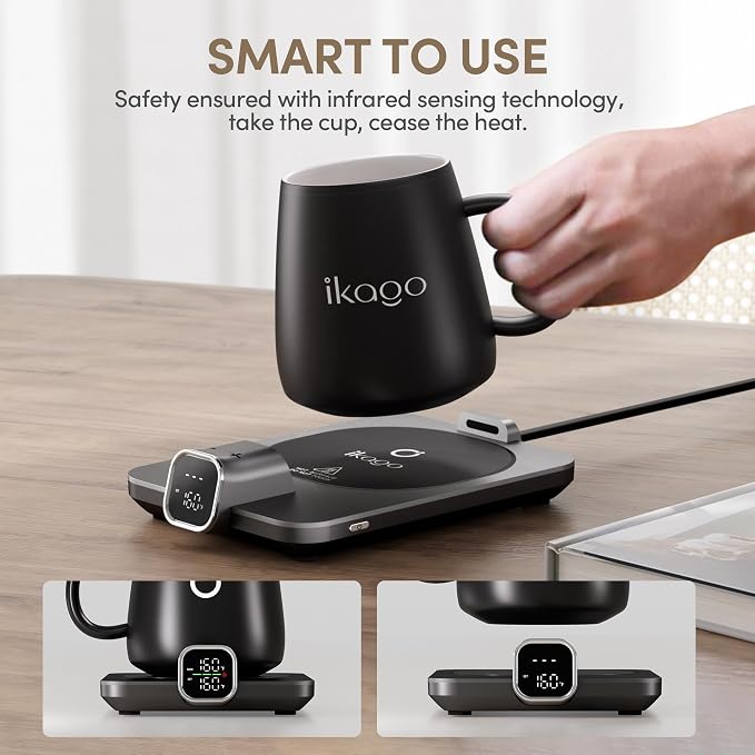 2Pcs Heated Coffee Mug Warmer & IKAGO Mug Set - Heated Mug Warmer Plate with Auto Shut Off, 1°F Precise Electric Coffee Warmer Plate for Desk, Cool Valentine's Day Gift for Couple Women and Men