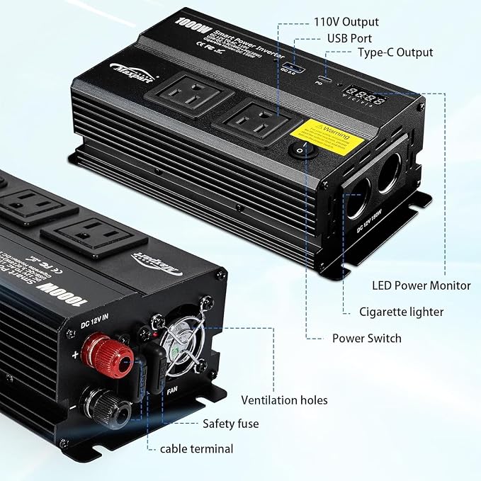 1000W Power Inverter for Car, 12V DC to 110V AC Converter with 3.0A USB Type-C Outlets, 12 Volt Car Cigarette Lighter Battery Inverter for Vehicles