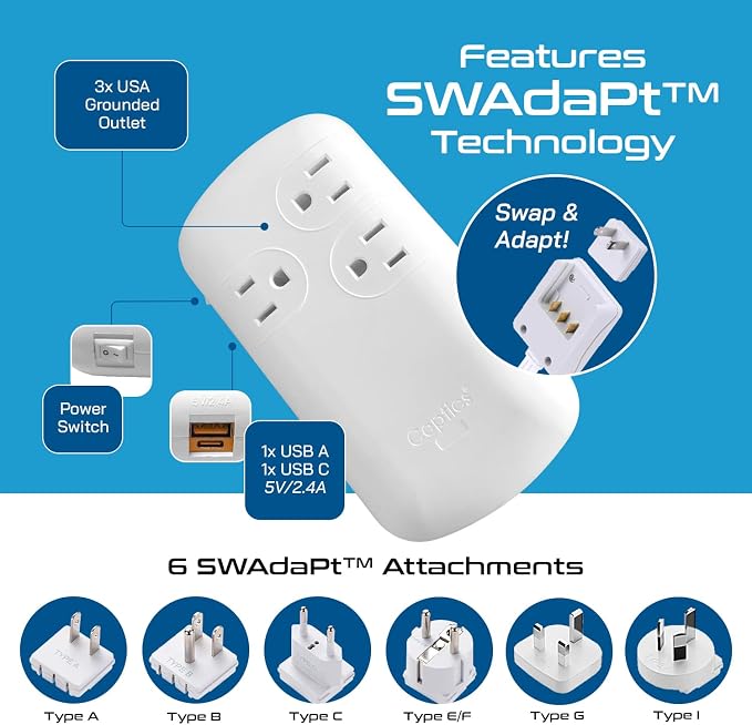 Ceptics 300W Travel Voltage Converter, 220V to 110V 50Hz to 60Hz Step Down for Curling Iron, Straightener, 1 USB, 1-USB-C 18W, SWadApt A B C E/F G I