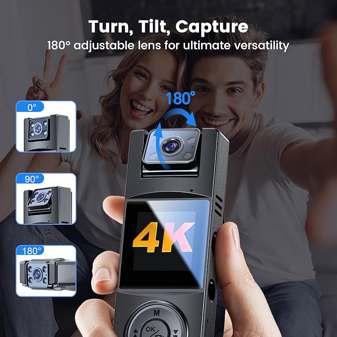 BOBLOV Body Camera with 180°Rotatable Lens, 4K/48MP Small Body Camera, Night Vision Function, Easy to Use and Take for Lecture, Traveling, Pet Walking and Outdoors Activities (4K-128GB)