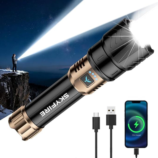 SKYFIRE Rechargeable Flashlights High Lumens,10000 Super Bright Flashlight Zoomable 4Modes Waterproof LED Tactical Flash Light for Camping Essentials,Outdoor and Home Emergencies-No Lens