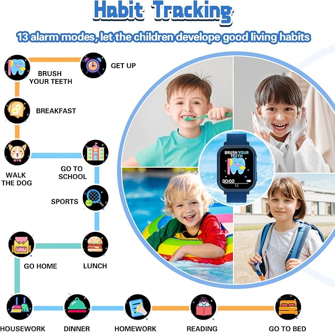 Kids Smart Watch Gift for Boys Ages 3-12, IP67 Waterproof, 32 Puzzle Games, HD Touchscreen Dual Camera Vedio Pedometer Music Player, Kids Watch Toy Birthday Gifts for Boys Ages 5 6 7 8 9 10 (Blue)