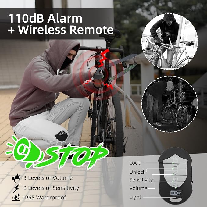 Anti-Theft Bike Alarm Chain Lock,Bike Lock 110dB Security 8mm x 4ft Chain Lock with Key & Remote Control Heavy Duty Steel Rechargeable E-Bike Scooter Bike Lock (Storage Bag Included) (Green)
