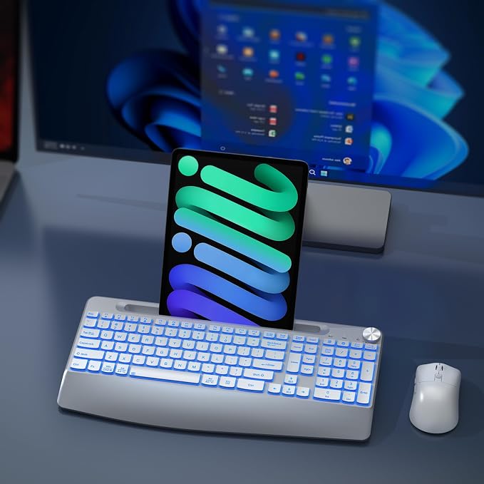 GAMCATZ Wireless Keyboard and Mouse Backlits - Full-Sized Ergonomic Lighted Keyboard with Wrist Rest, Phone Holder,2.4GHz Rechargeable Silent Keyboard Mouse Combo for Computer, Laptop, PC, Mac -White