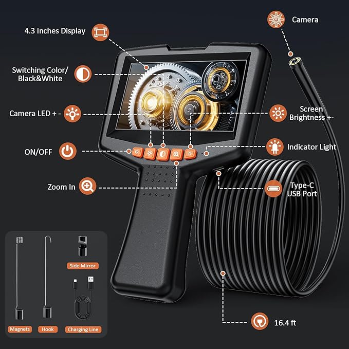 Endoscope Camera with Light: 4.3" 1080P Inspection Borescope Camera for Sewer - 16.4ft Waterproof Industrial Endoscope - Flexible Snake Bore Scope for Plumbing Automotive