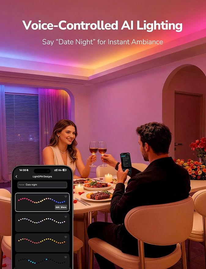 Lepro S1 AI LED Strip Lights for Bedroom - 32.8ft Smart RGB Light Strips with IC and Rainbow Chasing Effects, Color Segment DIY, Personalized Al Lighting Designer, No Remote, 2.4G Wi-Fi & Bluetooth