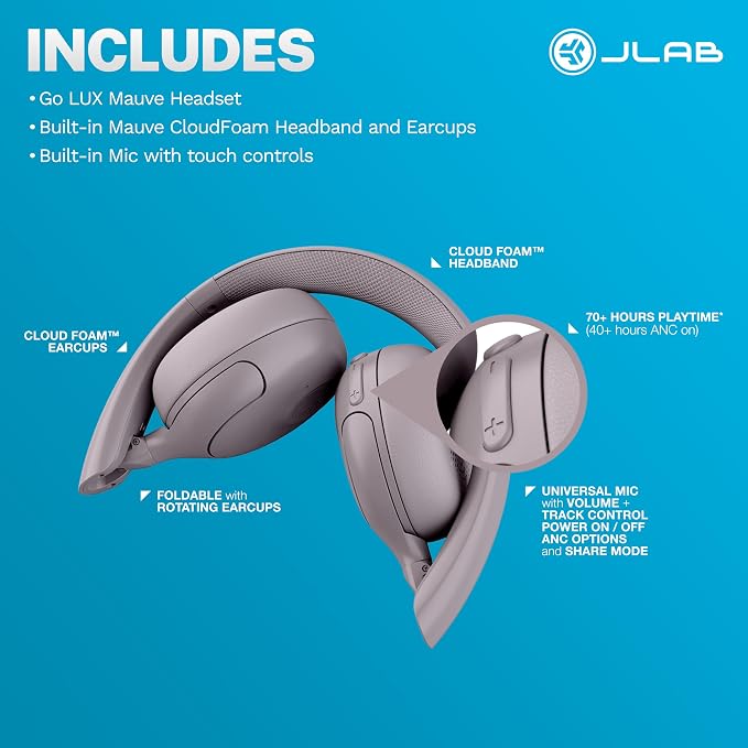 JLab, Go Lux ANC, On Ear Headphones, Active Noise Cancelling, Bluetooth, MultIPoint Connection, Mauve