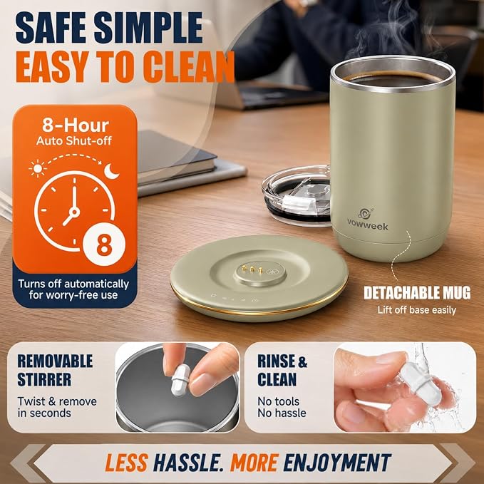 Self Stirring Heated Coffee Mug, 10 oz Auto Magnetic Mixing Cup, SageGreen | 304 stainless steel interior. Includes 3 heat settings, 8H auto shut-off, plug-in base for home office desk
