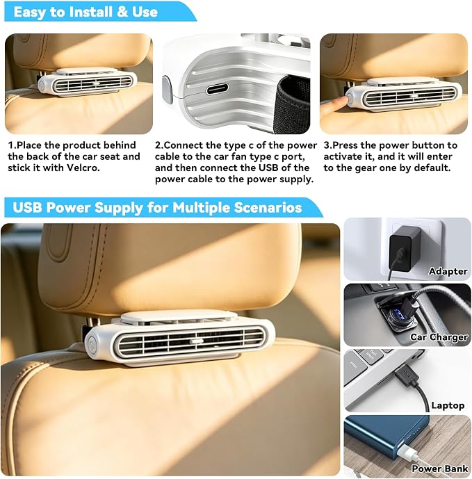 2PCS Car Seat Fan, Portable Car Fans for Backseat for Kids, USB Rechargeable Backseat Neck Cooling Air Conditioner Cooler Vent Clip on Fan with 3 Adjustable Wind Speeds Device for All Cars-White