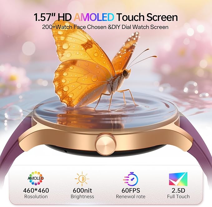 Woneligo Smart Watch for Women,1.57inch AMOLED Touchscreen Fitness Watch for iPhone & Android,Heart Rate/Sp02/Sleep Monitor,110+ Sport Modes IP68 Waterproof Bluetooth Calls (Purple, 1.57)