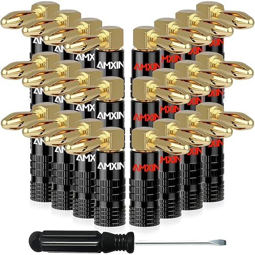 Right Angle Banana Plugs for Speaker Wire (12 Pairs, 24 Pieces), 90 Degree Pin Plug Type, Spring Clips Speaker Banana Jack Terminals, Non Conductive Coating Shell