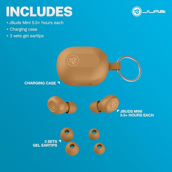 JLab JBuds Mini Tones, True Wireless Earbuds, Bluetooth Multipoint, Be Aware Audio, IP55 Sweat Resistant, 7572 W