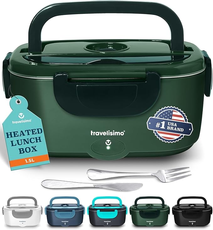 TRAVELISIMO Electric Lunch Box for Adults 100W Heated Lunch Box For Men 1.5L Stainless Steel Portable Food Warmer, 12/24/110V for Travel & Work, Loncheras Electricas Para Calentar Almuerzo