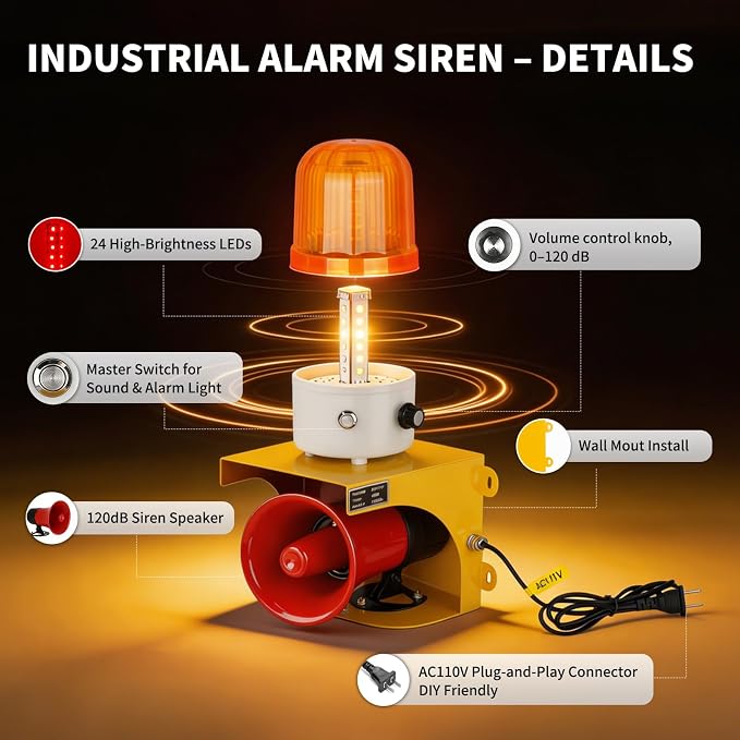 AC110V Industrial Siren Alarm Strobe Light-120dB Loud Horn&Waterproof Red Beacon Warning Light for Emergency,Factory,Fires,Tornado,Intruder Deterrent (AC110V Amber Light (Switch,0-120dB))
