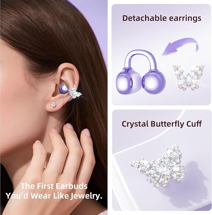 Kinglucky Gen2 Clip-On Earbuds with Butterfly Earrings, Charge & Store Without Removing Earrings, Comfortable Fit & 40H Playtime Bluetooth Open Ear Headphones for Women, Small Ears, Gifts (Purple)