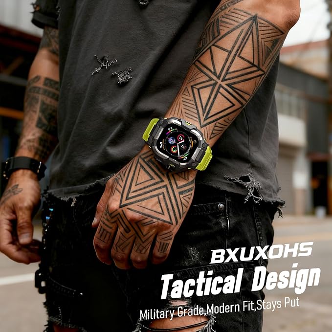 BXUXOHS Rugged Case and Band for Apple Watch 45mm Men, Compatible with Apple Watch Series 9/8/7, Military Grade Shockproof Bumper Cover, Tactical Band Case for iWatch 9/8/7 Man, Green