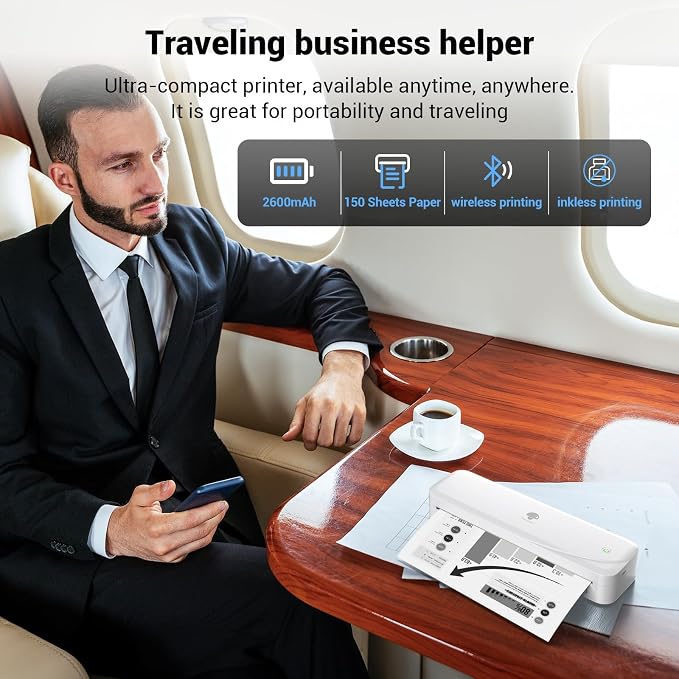 Phomemo Portable Inkless Wireless Printers for Travel, M833 Upgrade Bluetooth Thermal Printer with A4 Thermal Papers Sheet, Size 8.27"x11.69", 200 Sheets