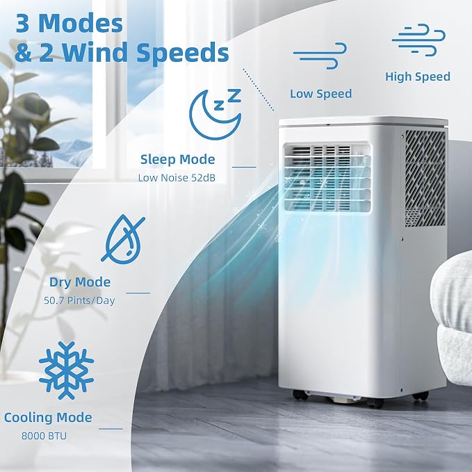 Electactic 8000 BTU Portable Air Conditioner, 4-in-1 Portable AC Unit for Rooms up to 350 Sq.Ft. with Dehumidifier & Fan Modes, Remote Control, 24H Timer & Easy Installation Kit