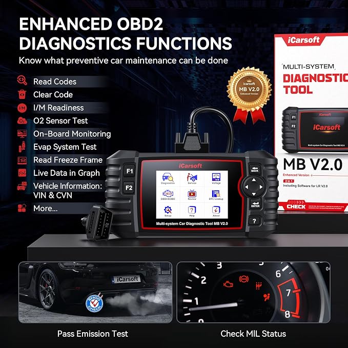 iCarsoft OBD2 Scanner MB V2.0 Enhanced Ver 2 in 1 for Mercedes Benz/for Land Rover/for Jaguar, TPMS/Oil Reset Full Systems Diagnostic Tool 8 Resets Car Code Reader, Auto VIN,Battery Test, SAS/EPB/DP
