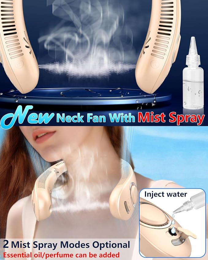 Neck Fan with Mist,Portable Neck Fans that Blow Cold Air,Foldable Water Cooler Fan Sprayer with Bottle,Leafless Battery Powered Neck Fan Rechargeable,Best Necklace Fan for Hot Flashes Summer Apricot