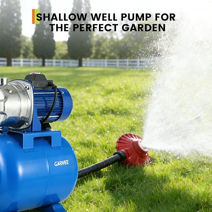 Garvee 1.6 HP Shallow Well Pump with Pressure Tank, 1320 GPH, Water Jet Irrigation Pump, Automatic Pressure Switch, Stainless Steel, for Home, Farm, Garden & Yard, Blue