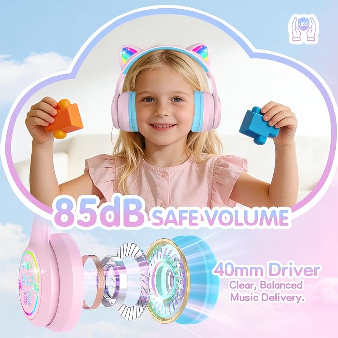 IFECCO Kids Wireless Headphones with Case,Cute LED Light Up Cat Ear Children Girls Bluetooth 6.0 Headphones Volume-limiting for School iPad Tablet Gifts