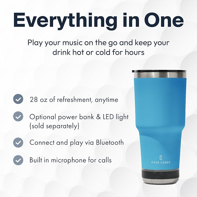 Vibe 28 oz Tumbler with Bluetooth Speaker, Insulated Stainless Steel Travel Cup with Lid, Hot & Cold Drink Beverage Container, Removable Speaker with Microphone, Rubber Base, Water Blue