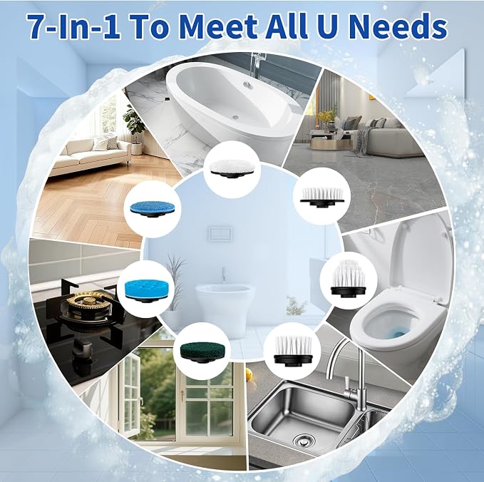 Electric Spin Scrubber, Cordless Cleaning Brush with 7 Replaceable Heads Brush, Power Scrubber with 12 & 54in Extendable Handle, 2 Speed 400RPM Shower Scrubber for Bathroom, Tub, Tile, Floor, Car