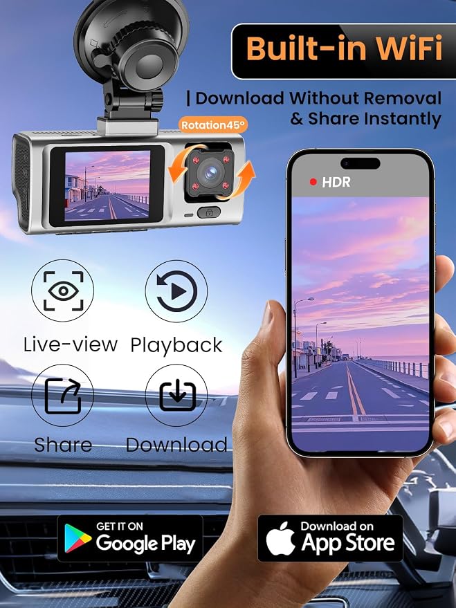 3 Channel Dash Cam Front and Rear Inside,2.5K+1080P+1080P Dash Camera for Cars,Free 64GB Card,Dashcam with WiFi,APP Control,Parking Monitor,Night Vision,Loop Recording