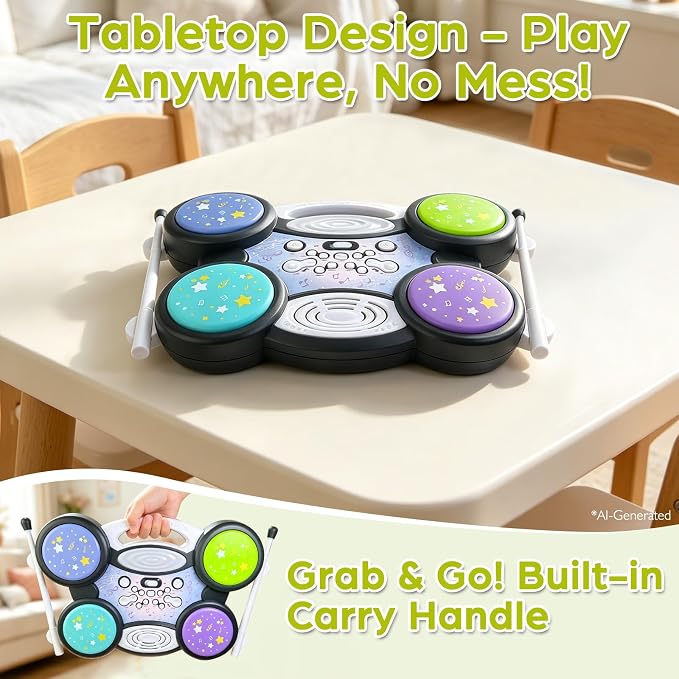 Sealive Baby Drum Set for 1 Year Old, Toy Drums for Toddlers 1-3 | with Lights, 2 Drumsticks, Adjustable Volume and Tempo, Baby Drum Toy for Sensory Music Play, Birthday Gift for Boys Girls