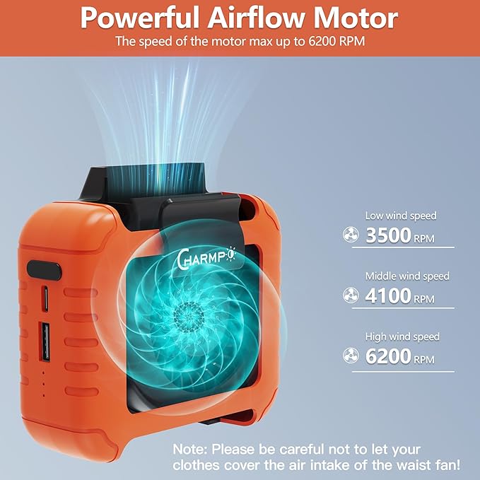 Portable Waist Fan - 6000mAh Battery, 3 Speeds, Strong Airflow, Up to 16 Hours Working Time, Portable Hands-Free Cooling Belt Clip Fan for Construction Workers, Couriers, and Campers