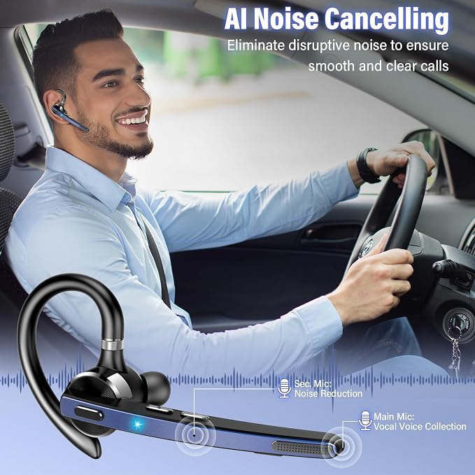 2026 Bluetooth Headset, Wireless Bluetooth 5.3 Earpiece, 90Hrs Single-Ear Headset with APTX HD Audio & Mute Button, Dual Noise Cancelling Mics, Hands Free Headphone for Trucker, Business, Gym, Blue