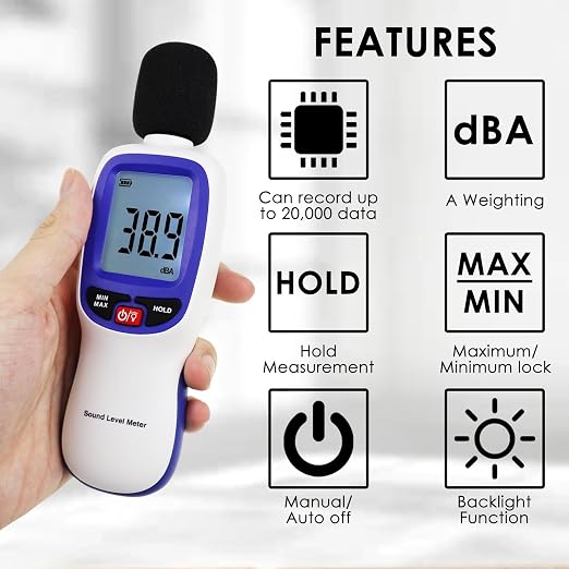 Decibel Meter Bluetooth, Portable Sound Level Meter with Data Logging, Can Fit with Smartphone App Recording, 30 to 130dBA Noise Decibel Meter SPL Meter w/Data Hold MAX MIN Alarm Backlit LCD Display