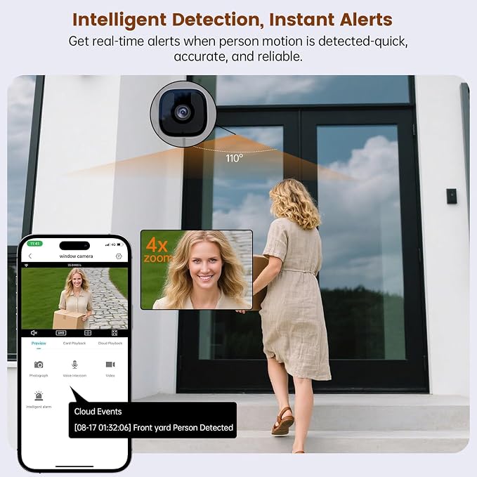 2 Pack 3MP 2K Window Camera，2.4Ghz & 5Ghz WiFi Wireless Indoor & Outdoor Cameras for Home Security with Enhanced Color Night Vision,Mounting Sticker,Person & Motion Detection