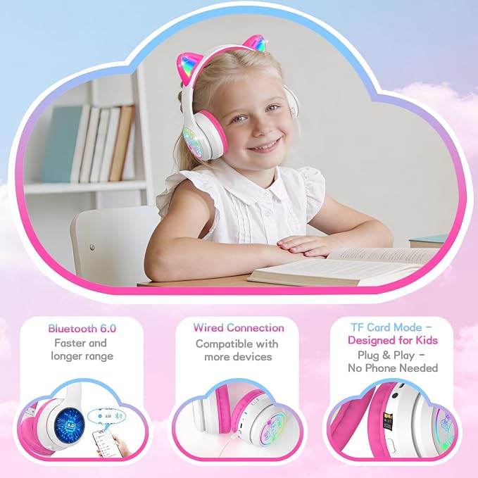 IFECCO Kids Wireless Headphones with Case,Cute LED Light Up Cat Ear Children Girls Bluetooth 6.0 Headphones Volume-limiting for School Travel Gifts