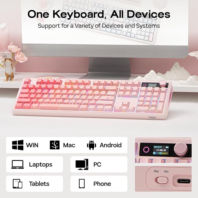 EPOMAKER TH108 V2 PRO Full Size Mechanical Keyboard with Screen&Knob, 10000mAh, BT/2.4Ghz, Mac Modifier PBT Keycap, Hot Swap, RGB, Gasket, Wireless Gaming Keyboard for Mac/PC (Pink, Creamy Jade)