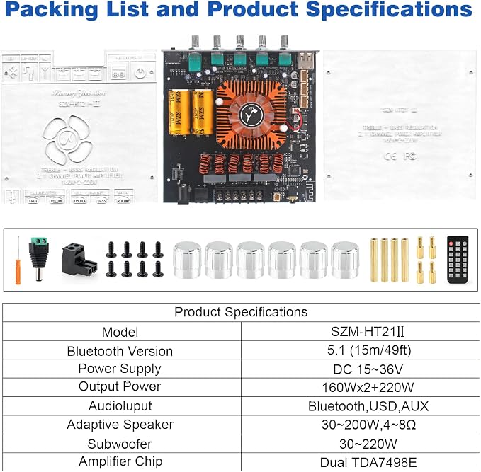 540W 2.1-Channel Mini Bluetooth Amplifier Board – 160W×2 + 220W Subwoofer, with TWS, FM/USB/AUX, IR Remote, DC15-36V, Deep Bass for DIY Speakers & Home Audio