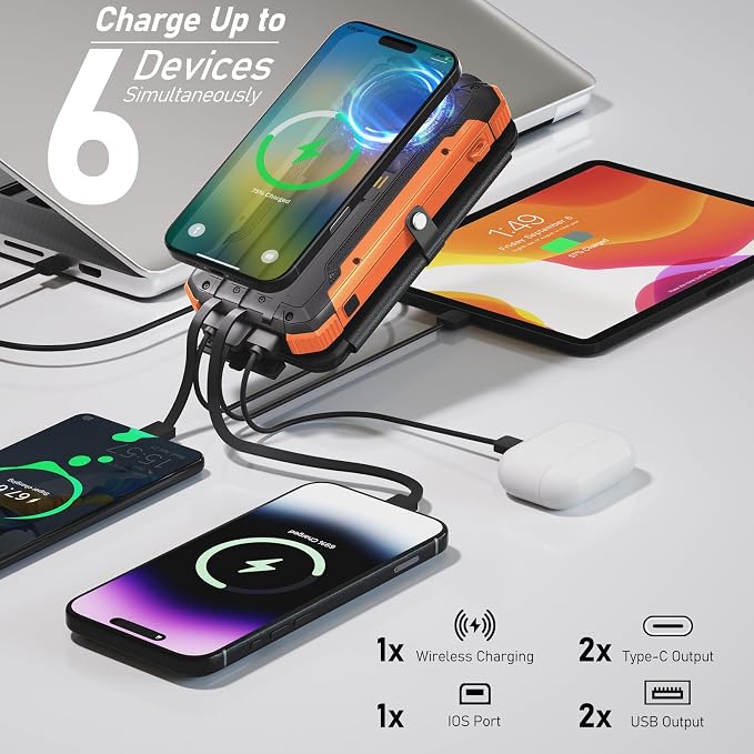 Solar Power Bank 49800mAh 22.5W QC3.0 Fast Charging Built in 4 Cables andNymzixt Solar Power Bank 20000mAh Portable Charger Built-in 3 Cables and Wireless Charging